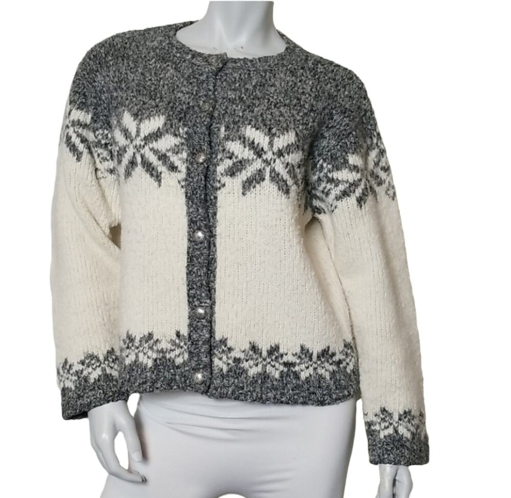Nomadic Traders Womens Large Sweater Knit Button Down Grey & Cream Wool Acrylic